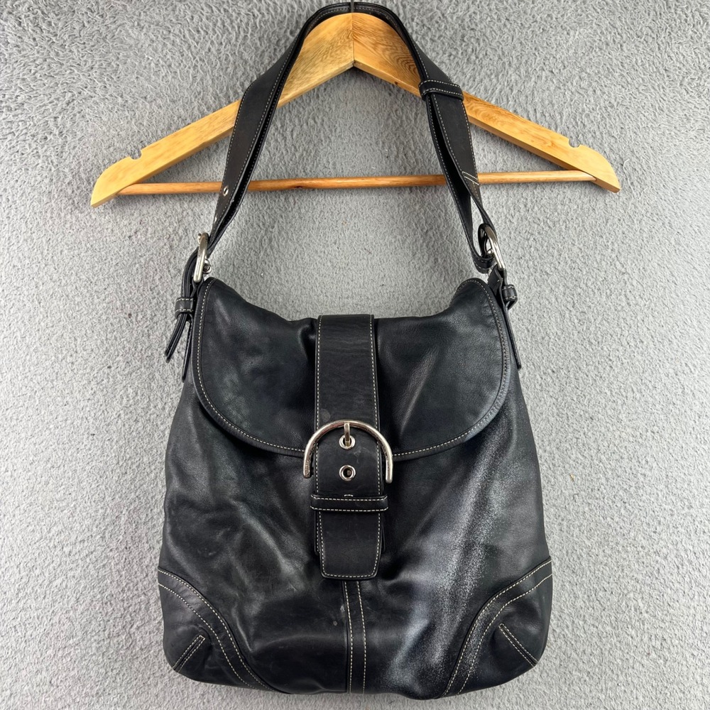 Coach Soho Black Leather Buckle Flap Shoulder Bag Hobo White Stitching